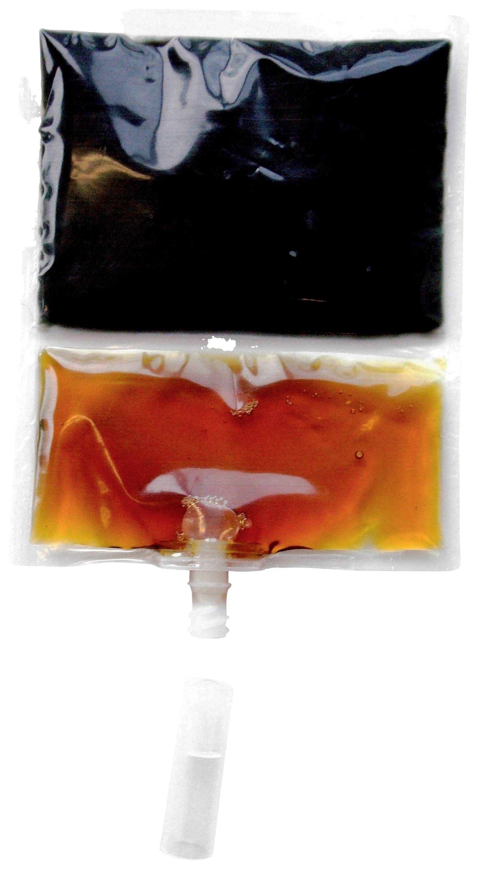 A pouch with black liquid at the top and orange liquid at the bottom, connected by an opening with a small valve.