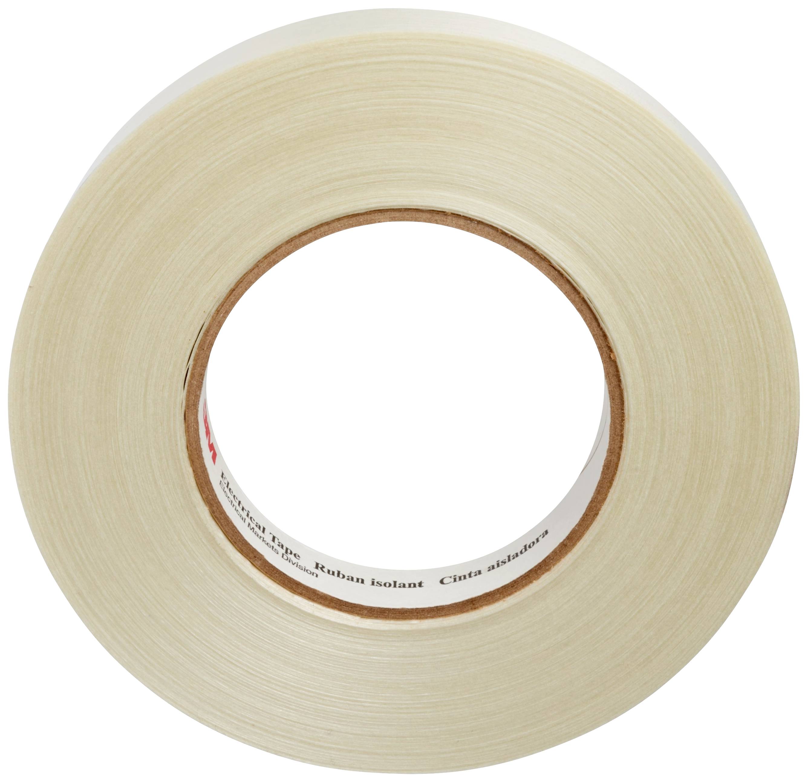Roll of light-coloured insulating tape with a glossy surface, pictured front-on.