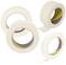Four white rolls of adhesive tape in various positions, with yellow inner core and black patterned print.