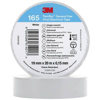 White electrical insulating tape roll '3M Temflex 165', diameter 19 mm x 20 m x 0.15 mm. Printed texts in multiple languages.