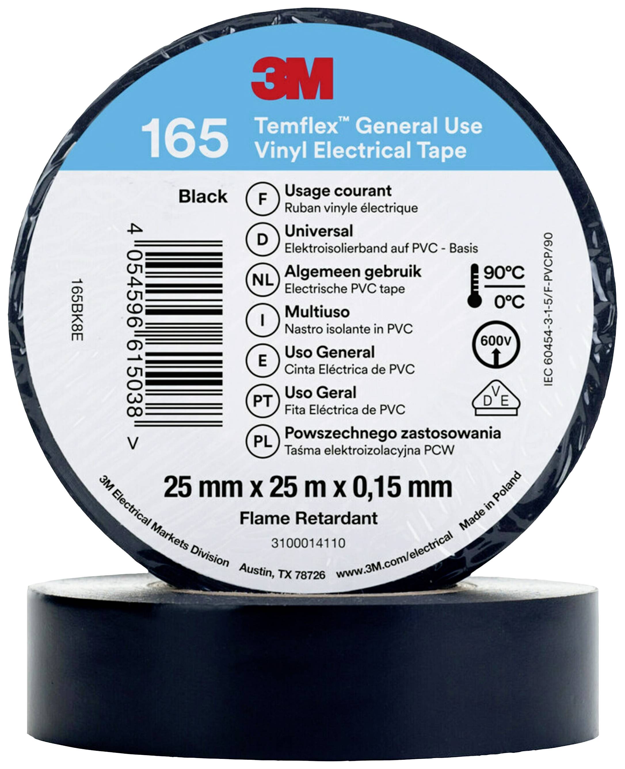 3M 165BK8E Electrical tape Black (L x W) 20 m x 25 mm 1 pc(s)