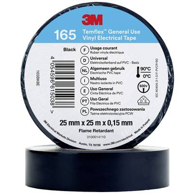 A black roll of 3M Temflex 165 vinyl insulating tape, suitable for universal use at temperatures up to 90°C.
