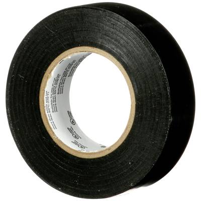 A roll of black insulating tape, standing upright, with a visible cardboard core. Suitable for electrical insulation and sealing.