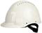 A white plastic safety helmet, viewed from the side, with an adjustable chin strap and ventilation slots at the top.