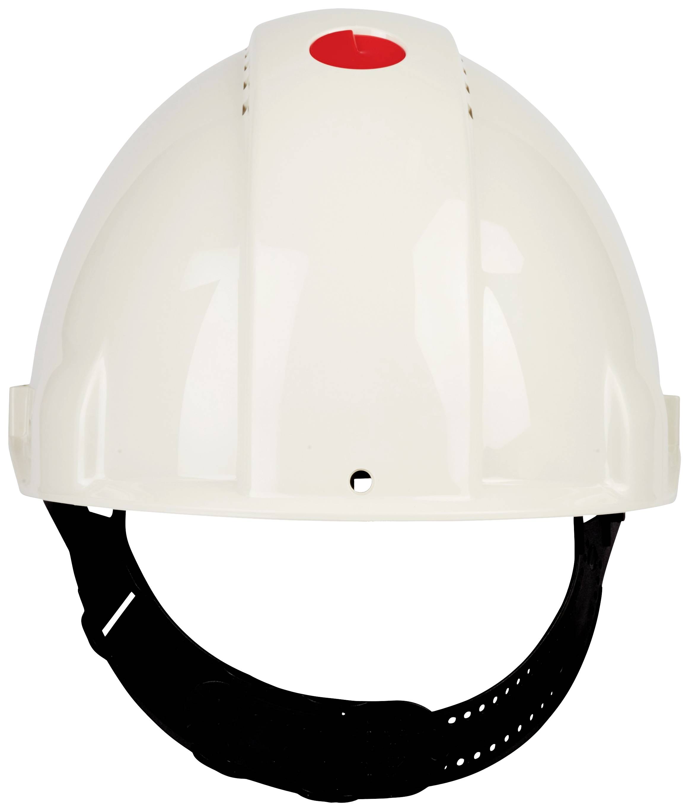 A white safety helmet with an adjustable chin strap.