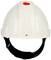 A white safety helmet with an adjustable chin strap.