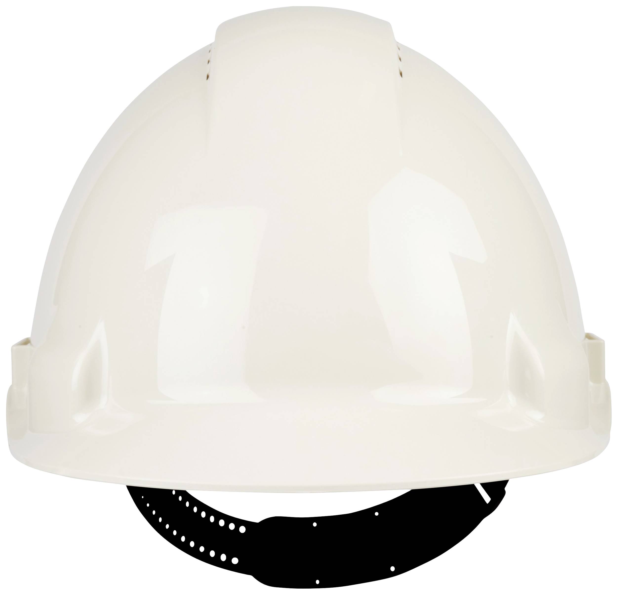 White safety helmet, photographed from the front.