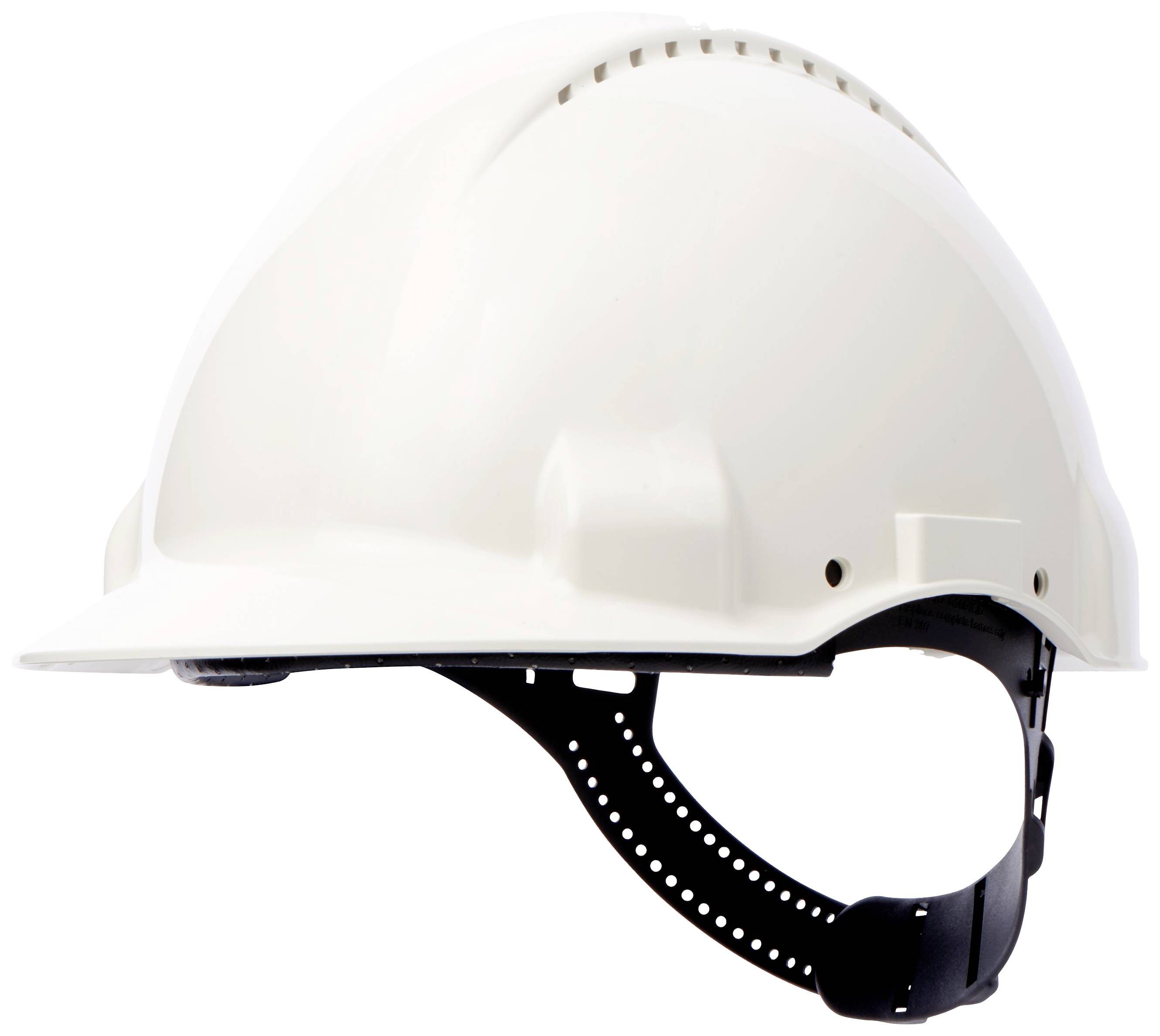 A white plastic safety helmet with an adjustable chin strap, used for workplace safety and protection.
