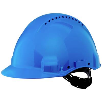 A blue safety helmet used for construction or safety work, against a white background.