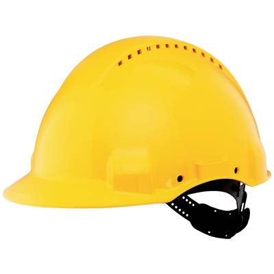 Yellow safety helmet for workplace safety with adjustable chin strap.