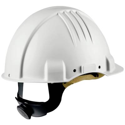 A white hard hat with a chin strap, typically used on construction sites to protect the wearer from potential injuries.
