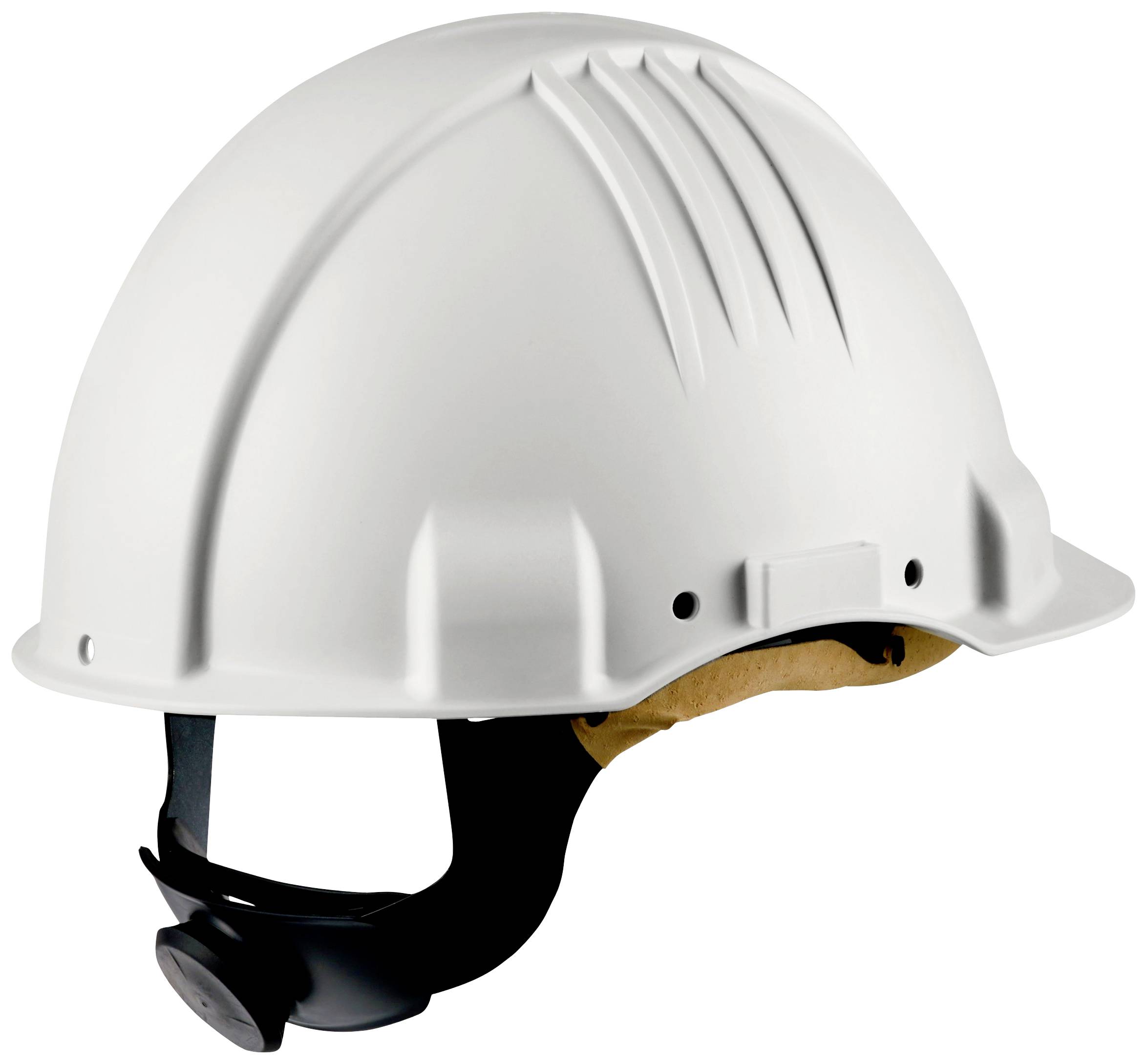 A white safety helmet with a black chin strap, designed for worker protection on construction sites.