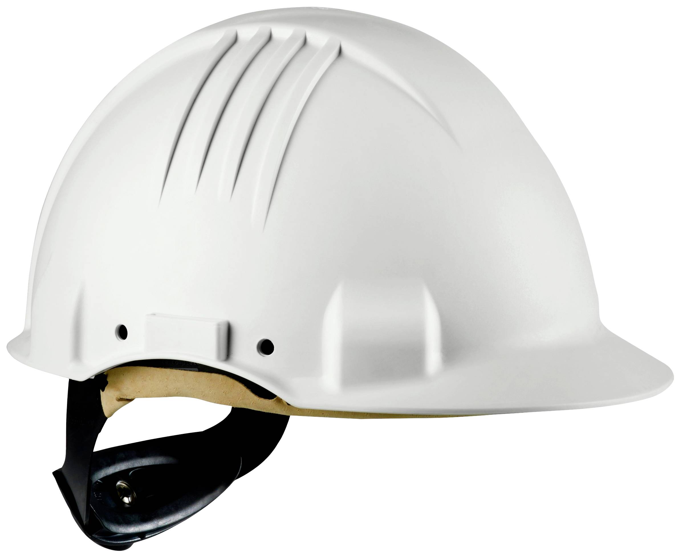 A white plastic safety helmet, shown from the side, with internal padding and an adjustable chin strap, is used for workplace safety.
