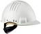 A white plastic safety helmet, shown from the side, with internal padding and an adjustable chin strap, is used for workplace safety.