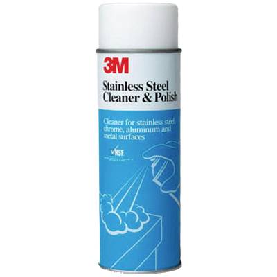 A spray can with the label '3M Stainless Steel Cleaner & Polish'. Cleaner for stainless steel, chrome and aluminium.