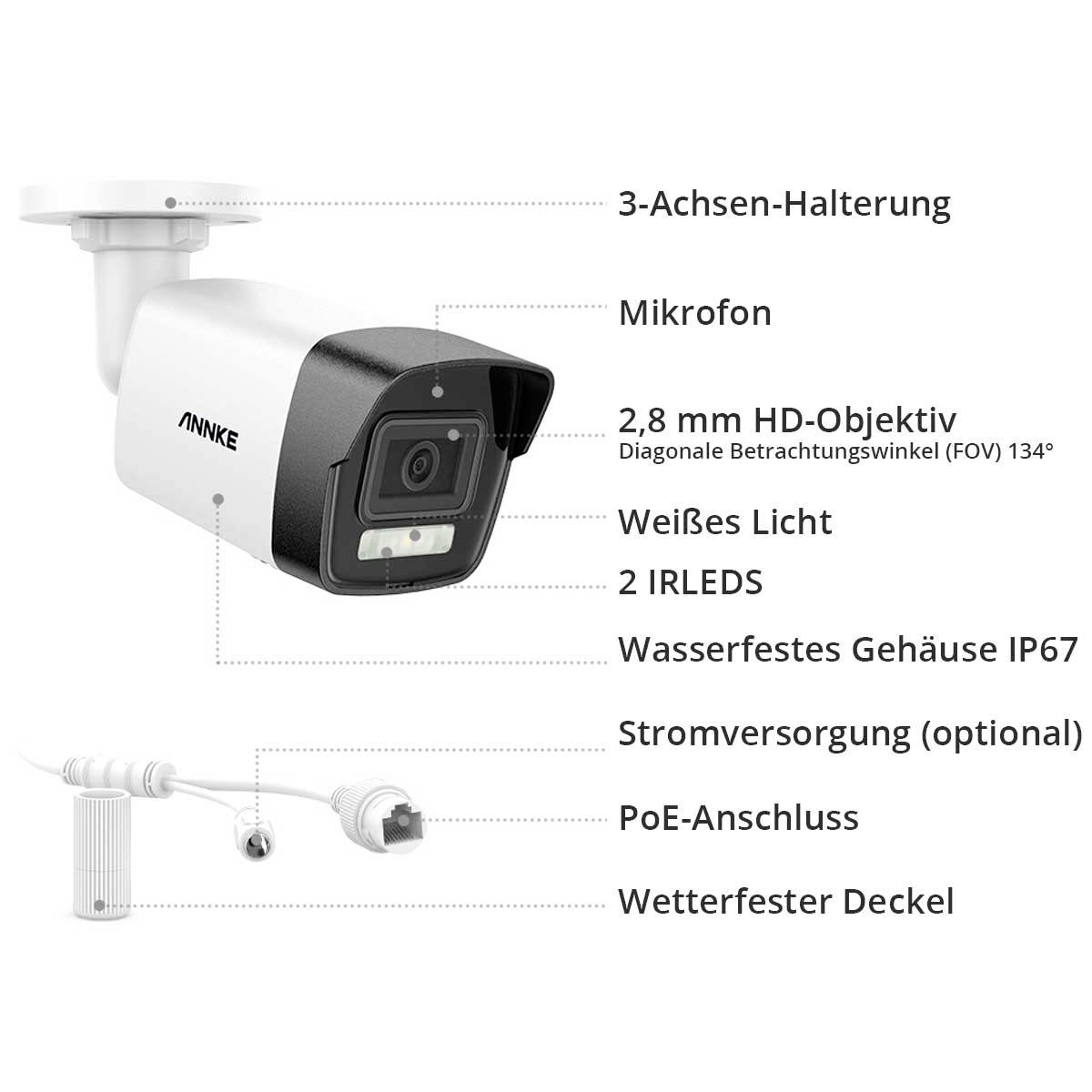 Surveillance camera with microphone, 2.8 mm HD lens, white light, 2 IR LEDs, weatherproof IP67 housing, PoE connection.