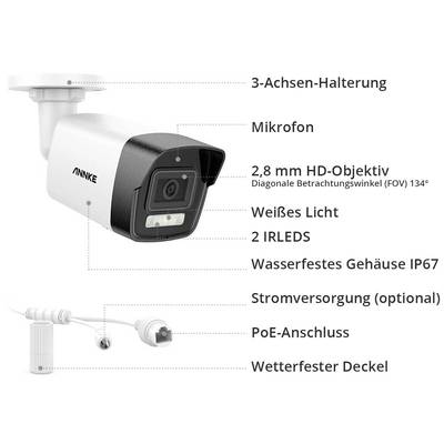 Surveillance camera with microphone, 2.8 mm HD lens, white light, 2 IR LEDs, weatherproof IP67 housing, PoE connection.
