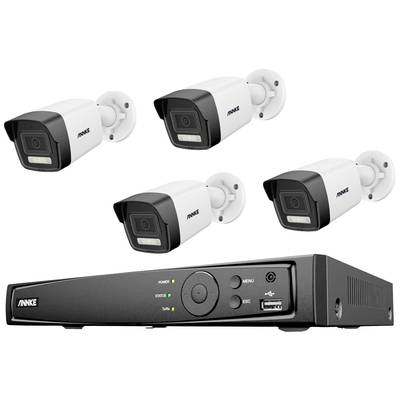 Surveillance System: Four white security cameras and a recording device by ANNKE. Suitable for monitoring indoor and outdoor areas.