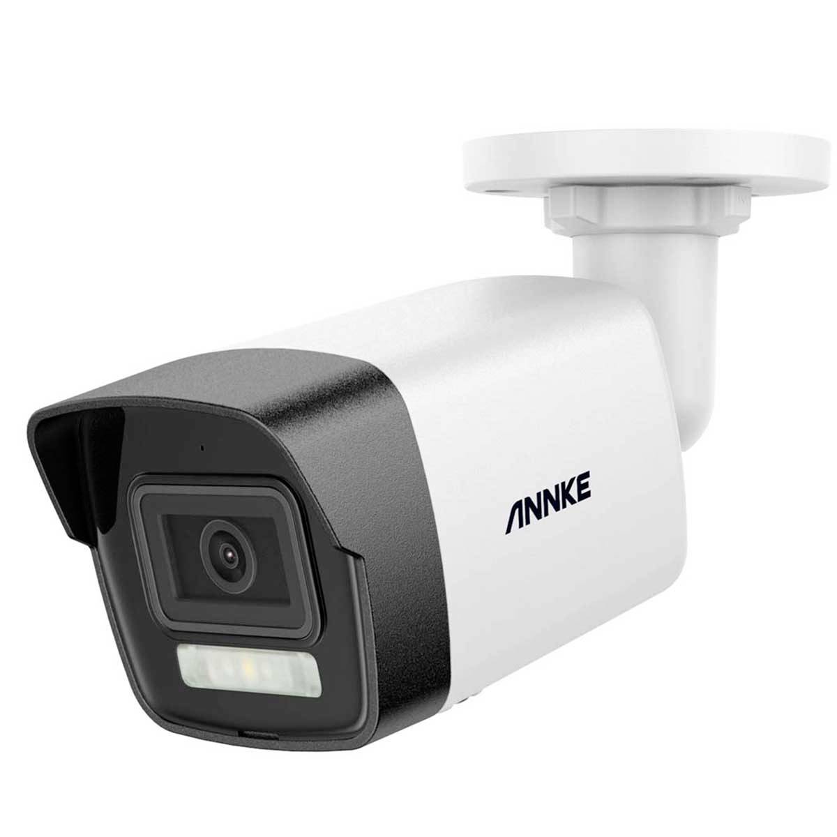 White surveillance camera with a black lens, mounted on a wall bracket. Suitable for security monitoring in indoor and outdoor areas.