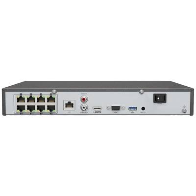 Rear view of a network device with multiple Ethernet ports, HDMI port, USB port, audio ports, and power connection.