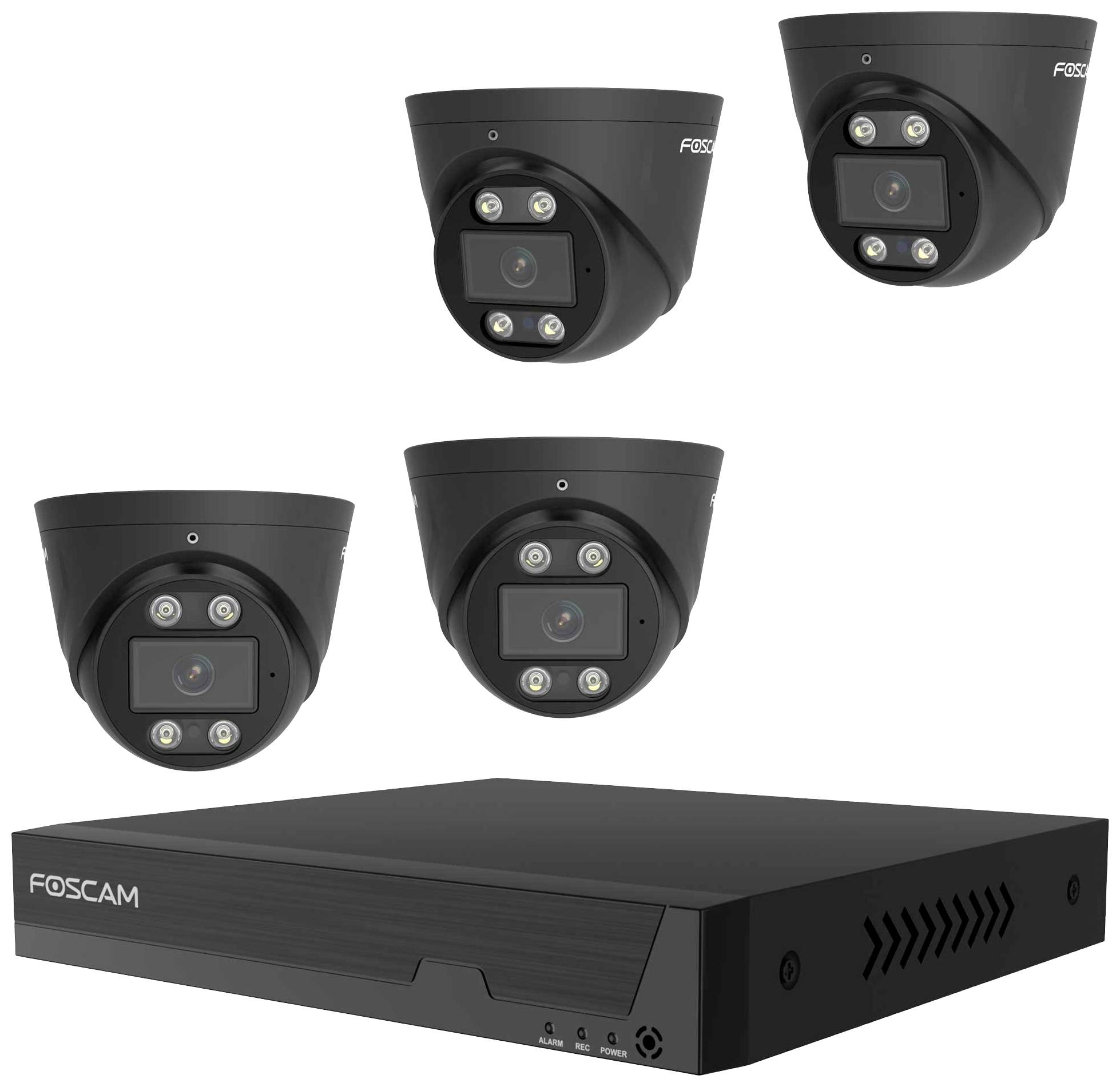 Three black surveillance cameras and a corresponding recorder by Foscam. They are intended for security and monitoring purposes.