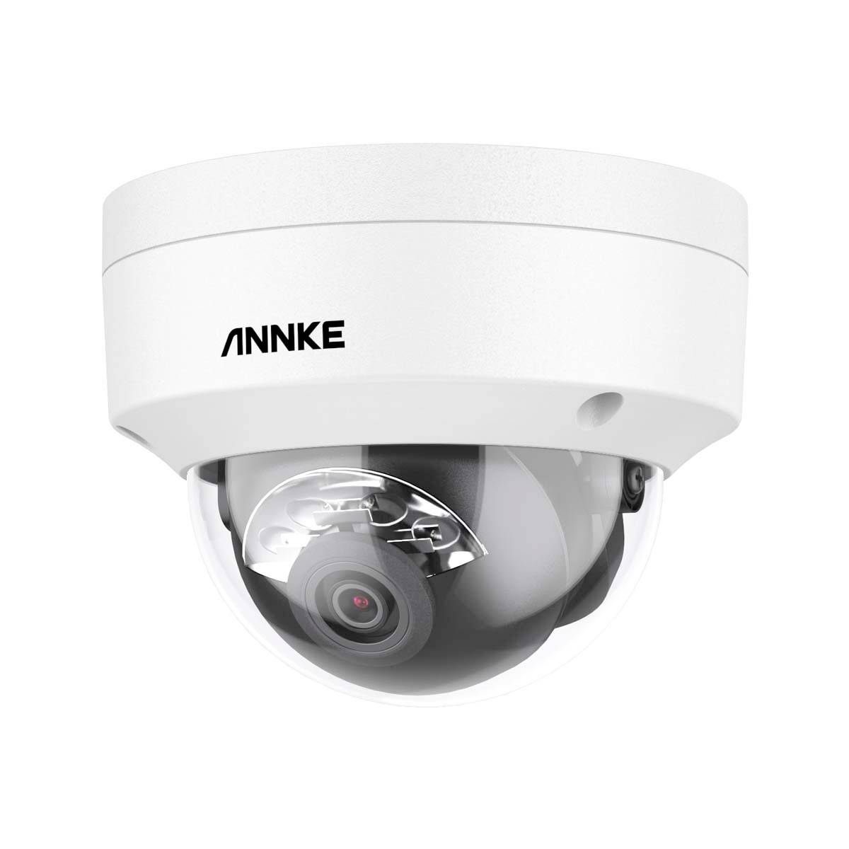 Surveillance camera in a white plastic housing. 'ANNKE' marking on the front.