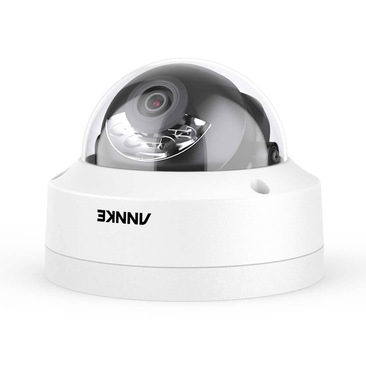 Surveillance camera in a spherical shape, mounted in a white housing, with distinctive branding on the front.
