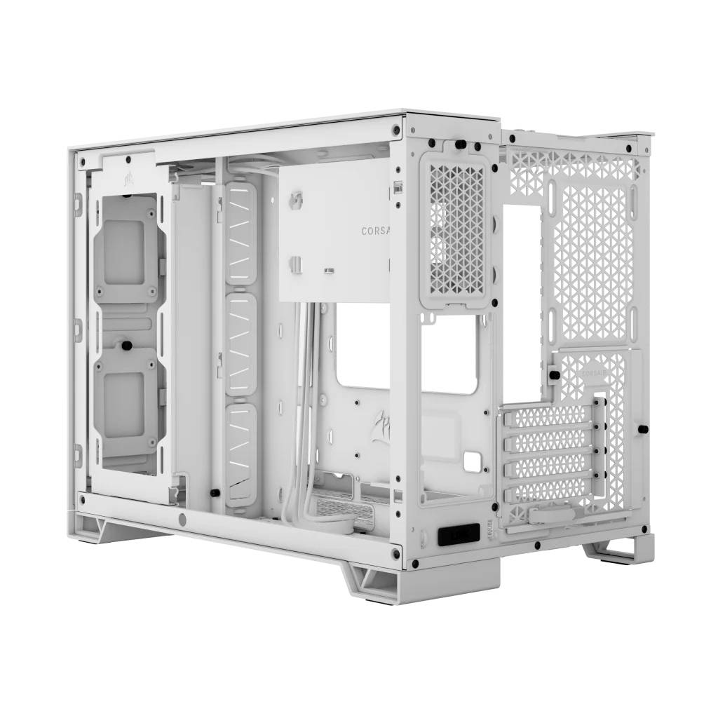 A white PC case without its cover, revealing the internal structure, including mounting points for components and ventilation grilles.