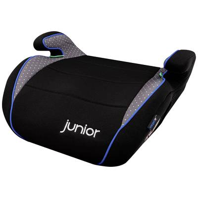 A black booster seat with grey, polka dot sides and blue accents. The word 'junior' is located at the front.