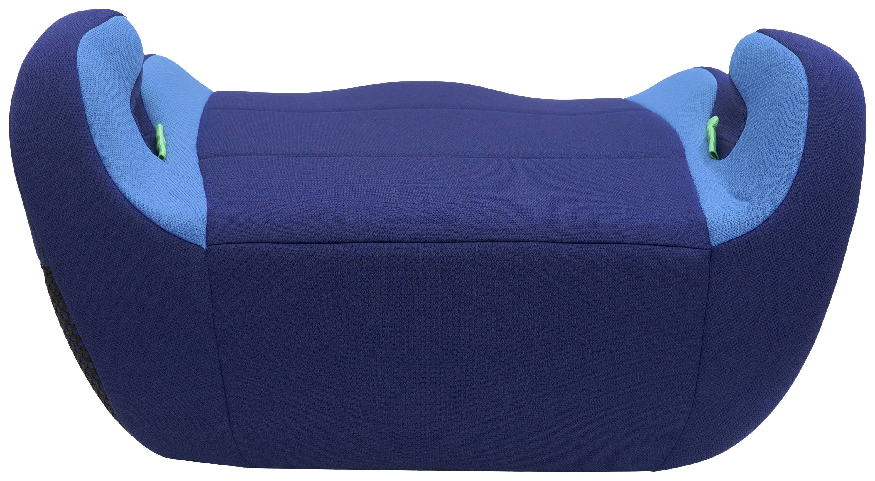 A dark blue, semi-circular seat or cushion with light blue accents and side armrests, possibly part of a piece of furniture.