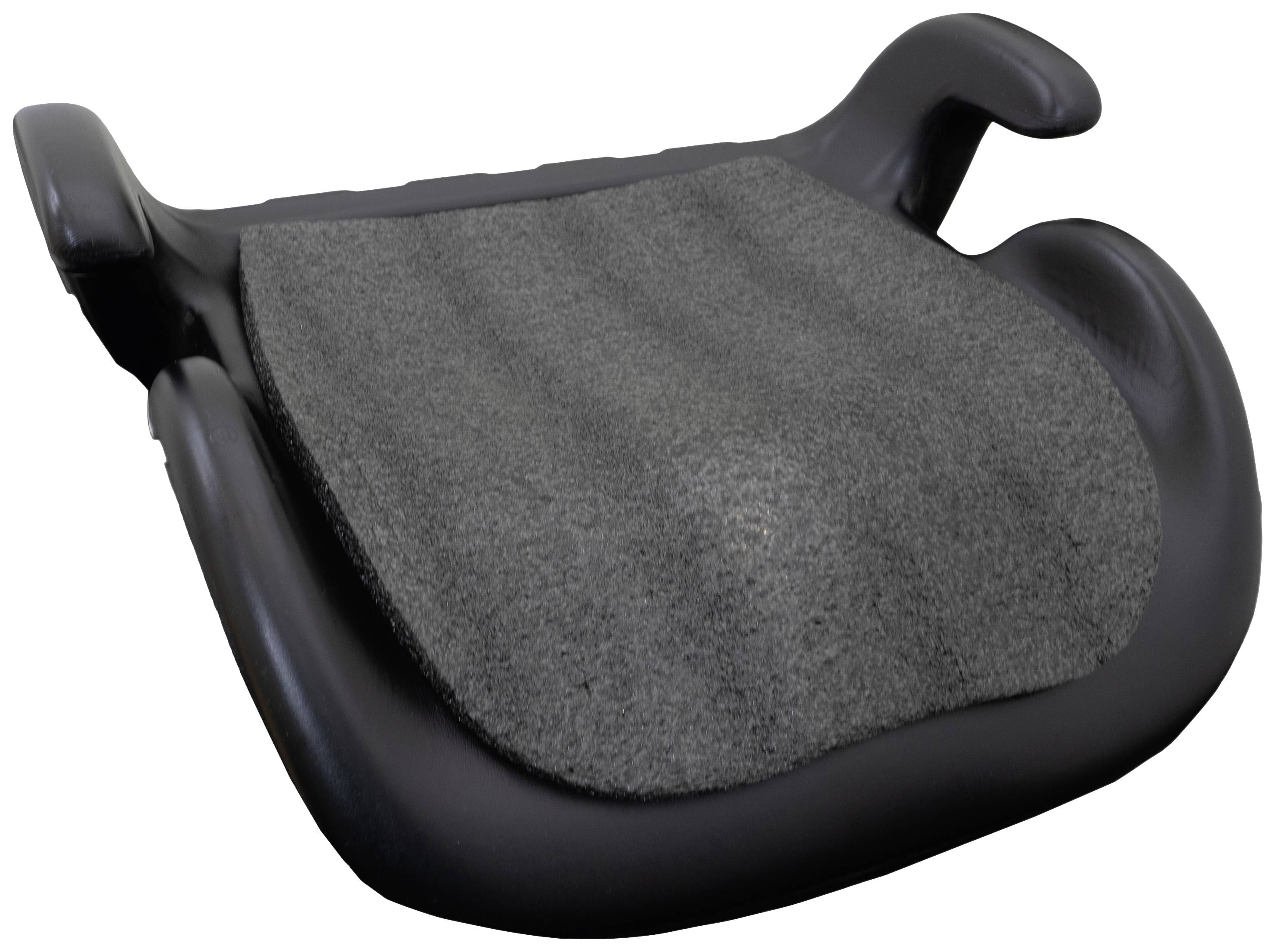 Child car seat base with a grey, padded surface and black armrests. Suitable for raising the child in the car.
