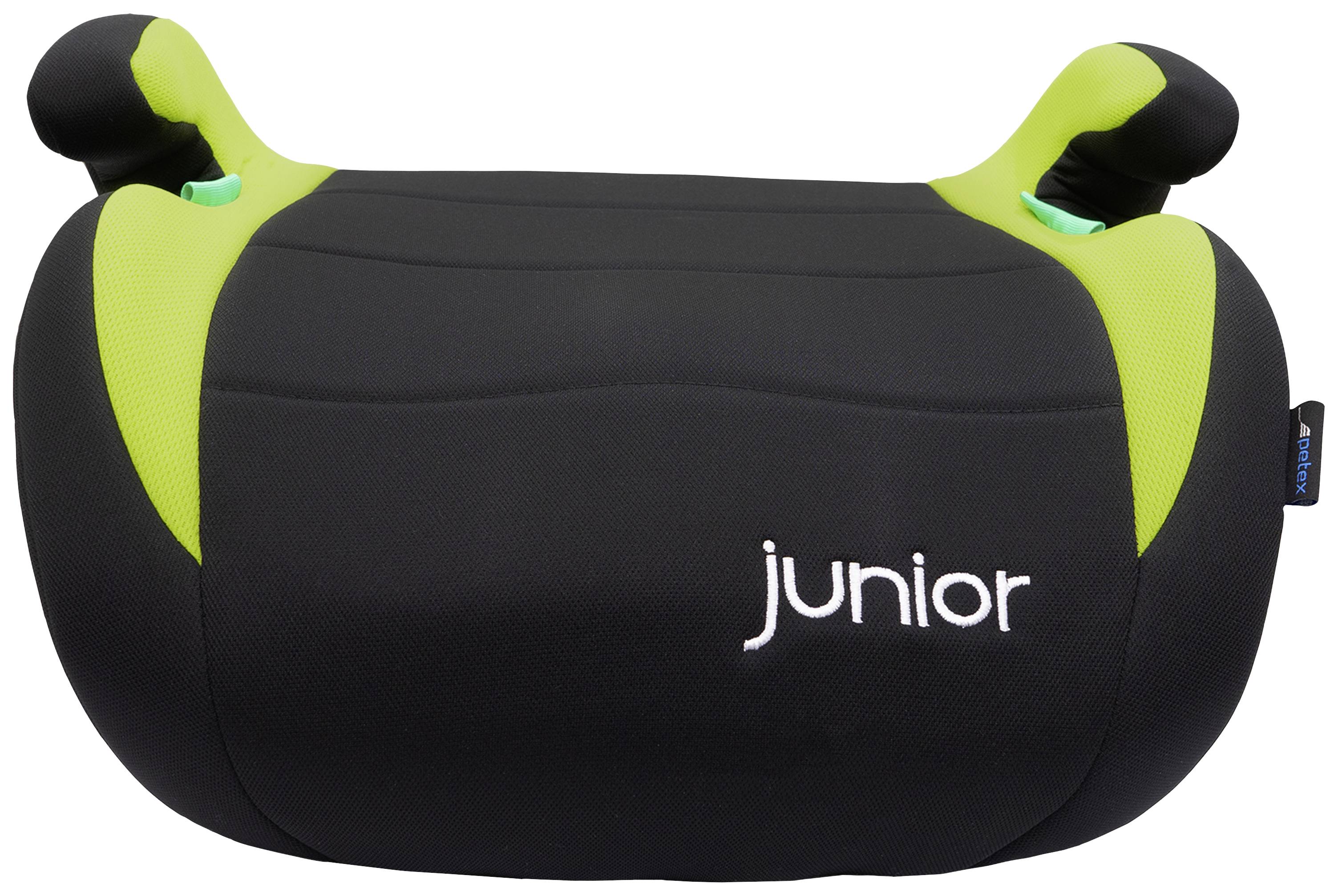 Black and green child booster seat with the word 'junior' printed on the front.