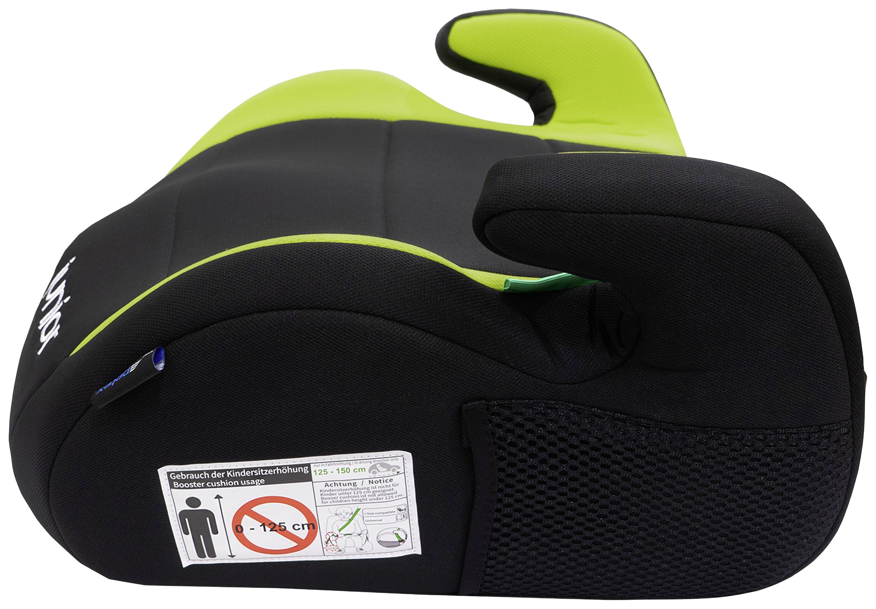 Child booster seat in Black and Green with safety sticker. Suitable for children between 125-150 cm tall and weighing up to 36 kg.
