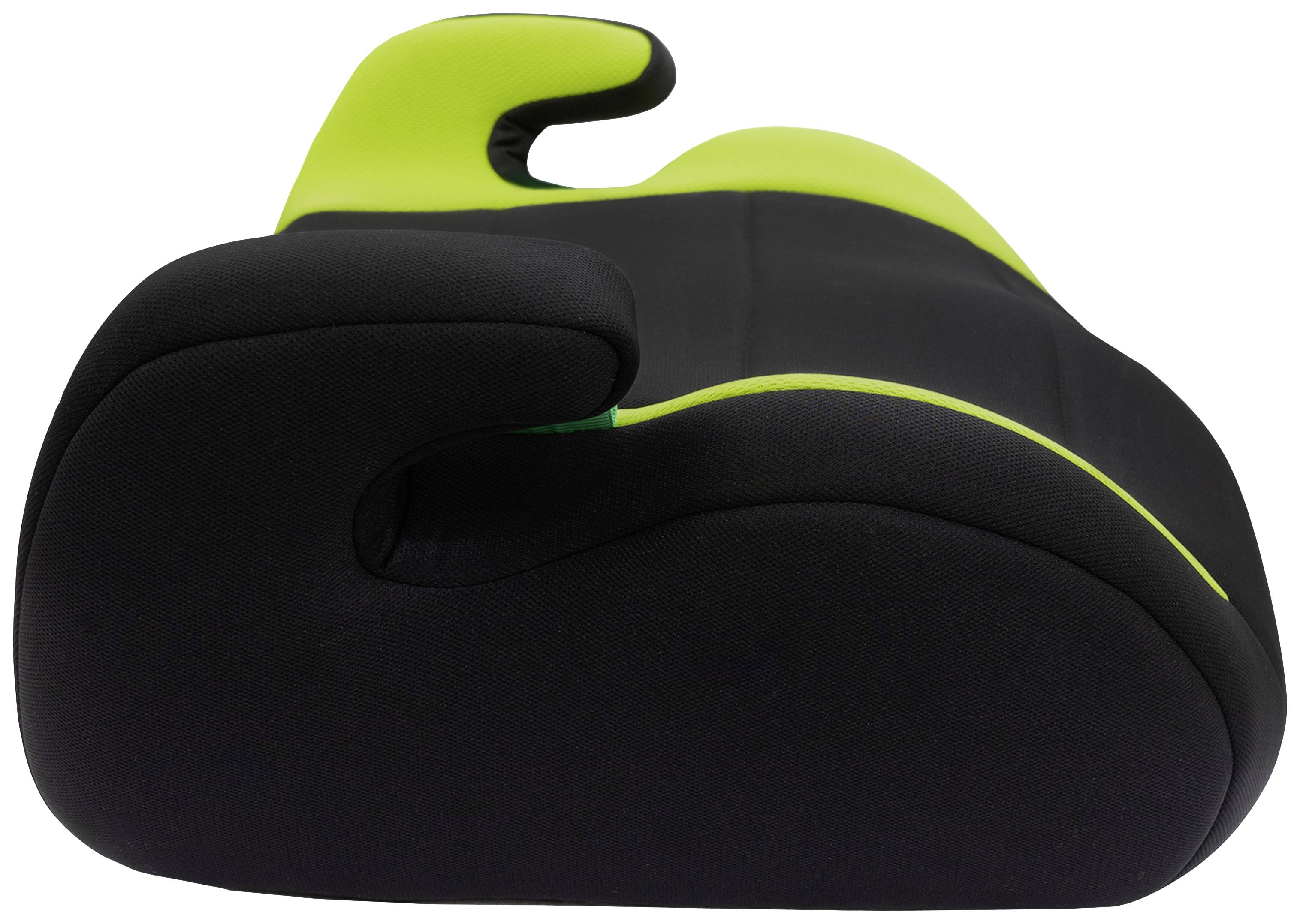 Black and green-yellow child car seat made of plastic and fabric, with side armrests, ergonomically shaped for comfort and safety.