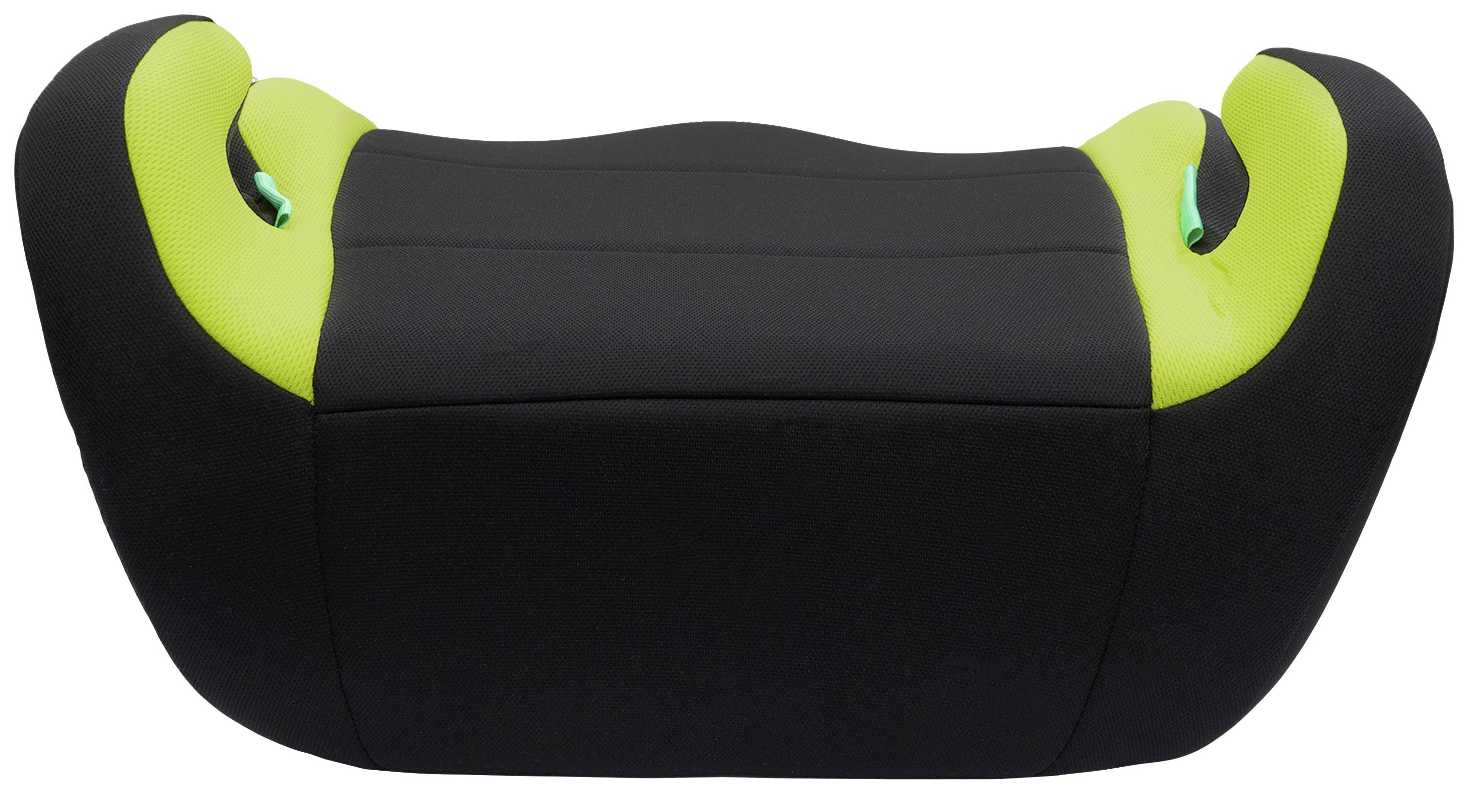 Black and green child car seat with rounded sides, designed to elevate the seating position in a vehicle. Safety feature for children.