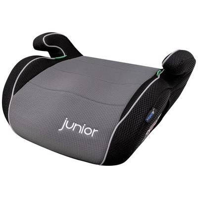 A black and grey child booster seat with armrests. The word 'junior' is printed on the seat surface.
