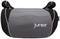 A grey and black child car seat with the word 'junior' printed on the front, suitable for providing height adjustment in a vehicle.