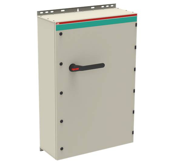 Grey control cabinet with black handle and green-red stripe at the top.