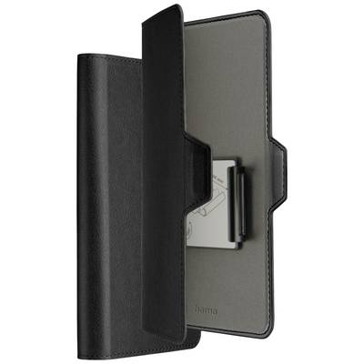Black leather smartphone case, partially opened. Shows interior view with card slot.