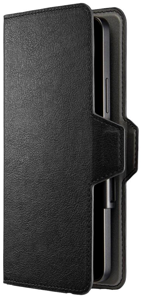 Black leather mobile phone case in an open state, partially revealing a smartphone on the right side.