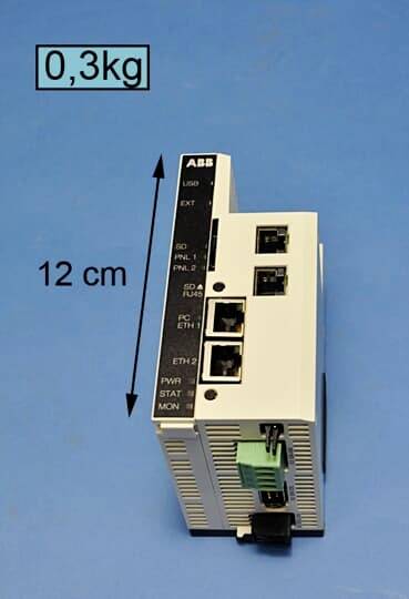 Electronic device on a blue background. Dimensions 12 cm, weight 0.3 kg. Shows Ethernet and USB ports, brand name on the top surface.