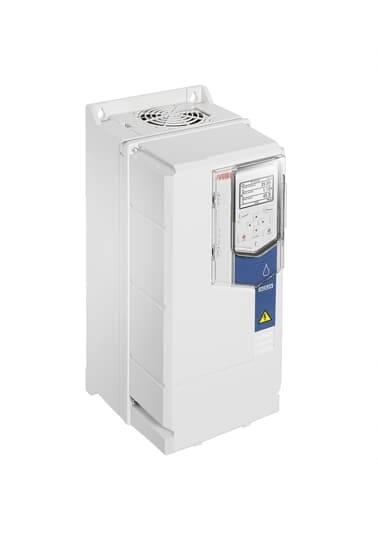A white, rectangular frequency converter with a display and control buttons on the front panel.