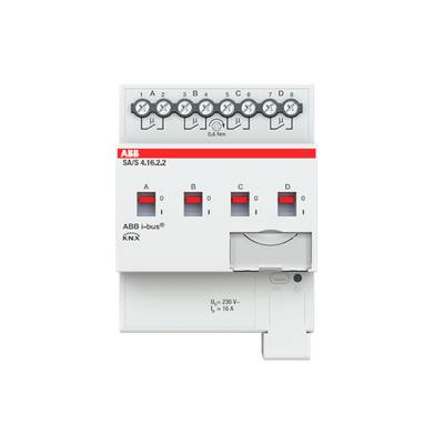 An ABB switchgear device with four switches and labelling 'A-D'. Top row shows connections, bottom row has four red switches. Model number: SA/S 4.16.2.2.
