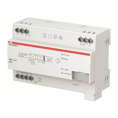 A white KNX system device with multiple connections and labels for controlling electrical applications, manufacturer: ABB.