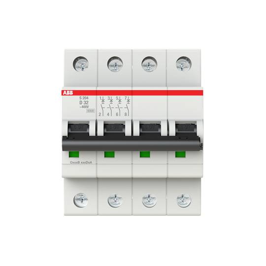 A four-pole circuit breaker labelled 'ABB S 204 D 32'. It has toggle switches and screw terminals for electrical connection.