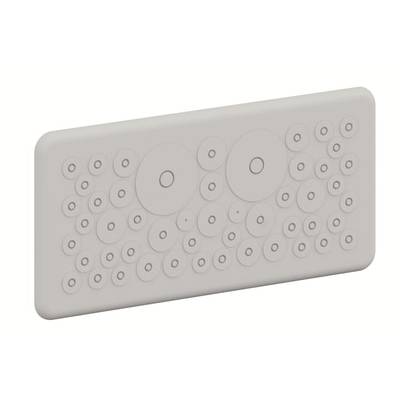 Rectangular plate with several differently sized, raised circles. Design element or decoration.
