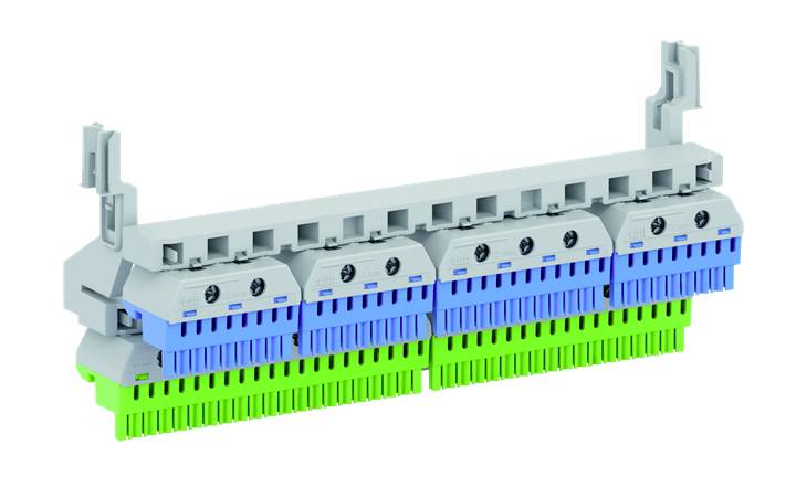 Grey electrical connection module with blue and green connector strips, mounted in a holder.