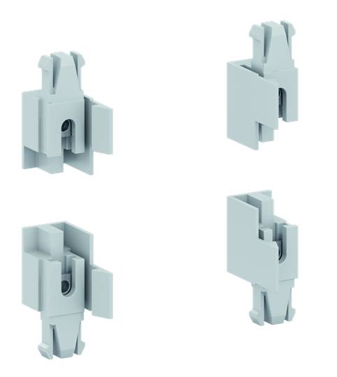 Four turquoise plastic clips in different views, showing details of form and structure. Suitable for mechanical applications.