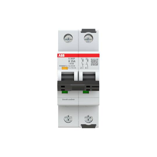A white circuit breaker with a red ABB logo, labelled 'K 25A' and featuring a QR code. Two switches for electrical protection.