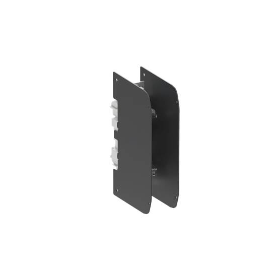 Black, rectangular electronic component with connections, supported by two metal plates, side view.